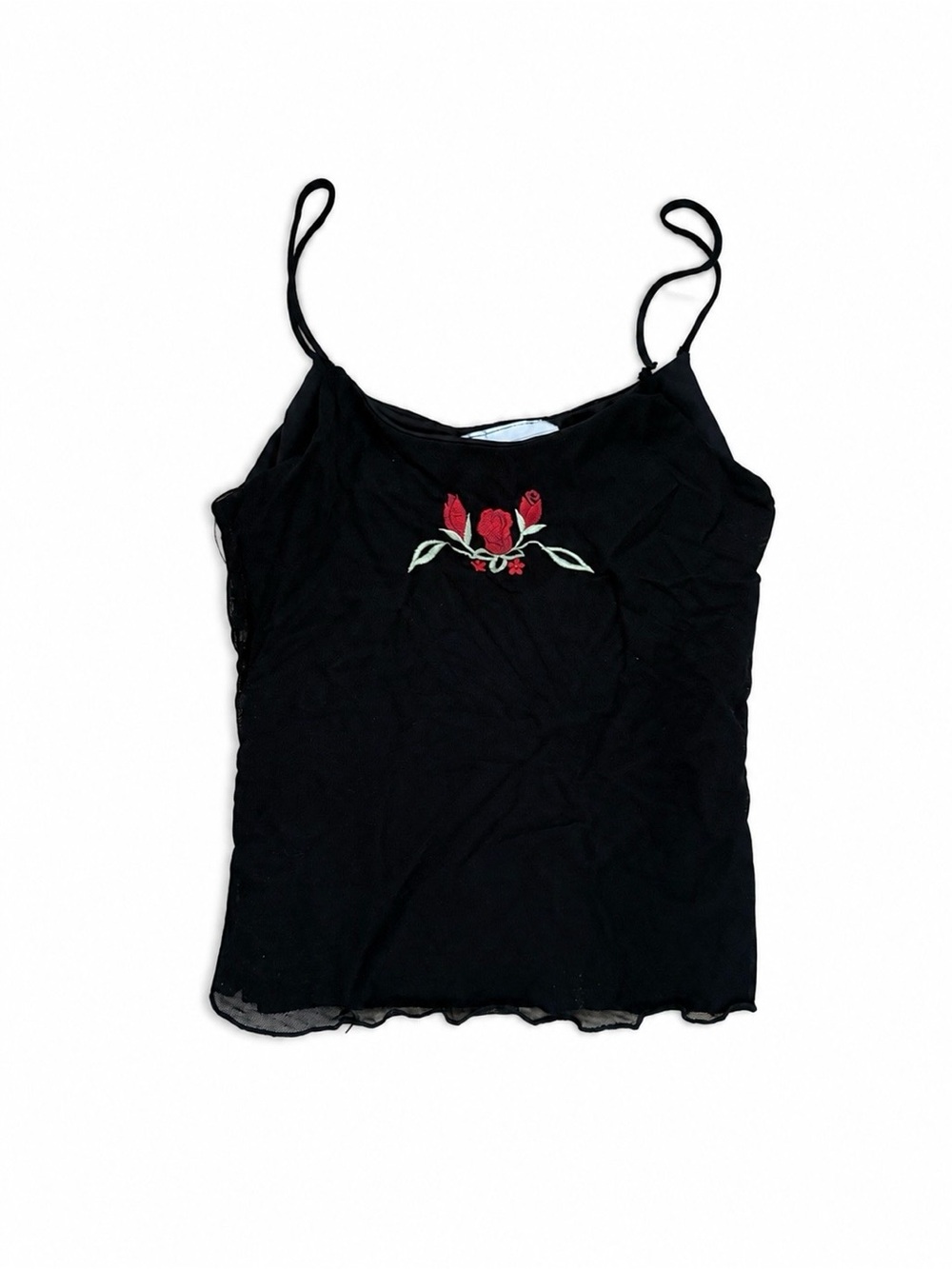 Y2K Black Sheer Rose Embroidered Cami | Spaghetti Strap Top